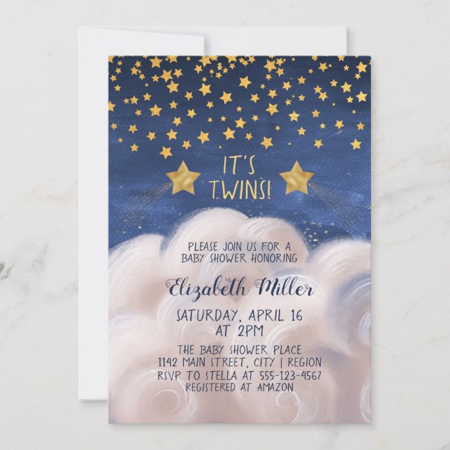 Invitación Baby Shower de Twins Gold Shooting Star (Anverso)