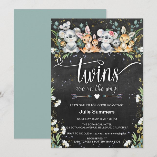 Invitación Baby Shower de Twins Koala y Kangaroo Safari (Anverso / Reverso)