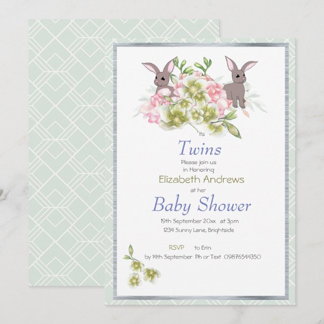 Invitación Baby Shower de Twins Mint Floral Bunny (Anverso / Reverso)