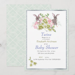 Invitación Baby Shower de Twins Mint Floral Bunny