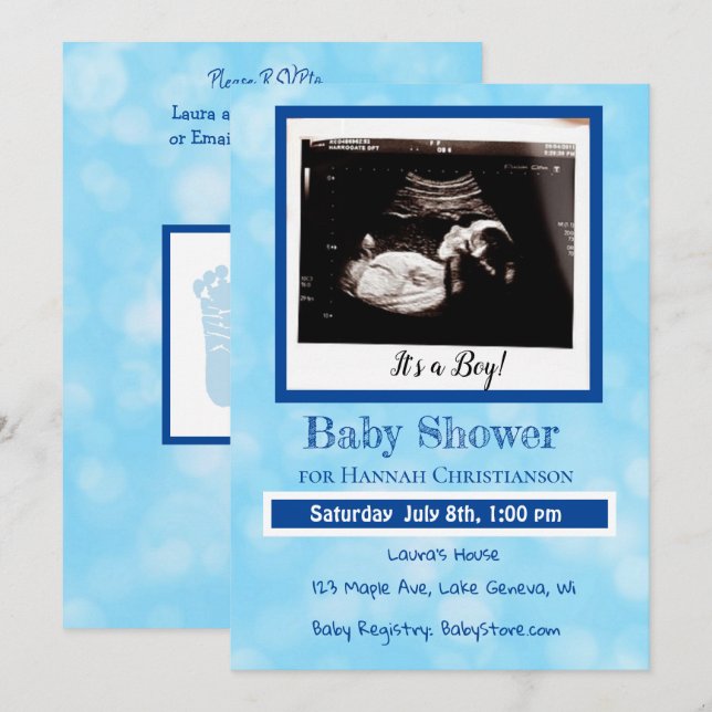Invitación Baby Shower de ultrasonido de Blue Baby Boy (Anverso / Reverso)