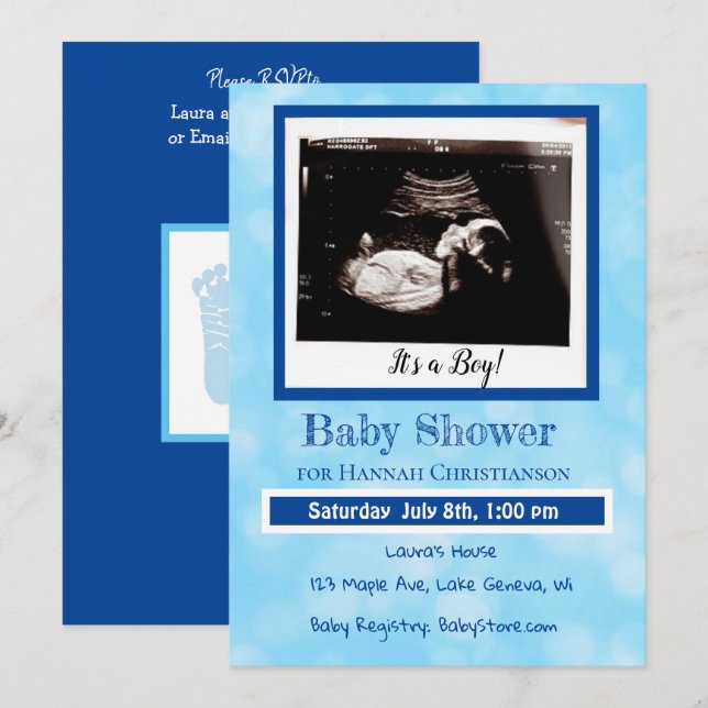 Invitación Baby Shower de ultrasonido de Blue Baby Boy (Anverso / Reverso)