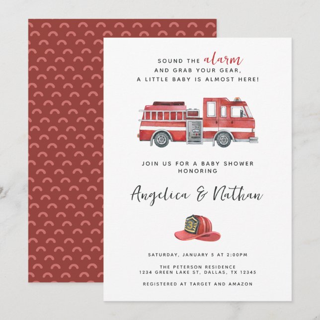 Invitación Baby Shower de un camión de bomberos rojo ruso (Anverso / Reverso)