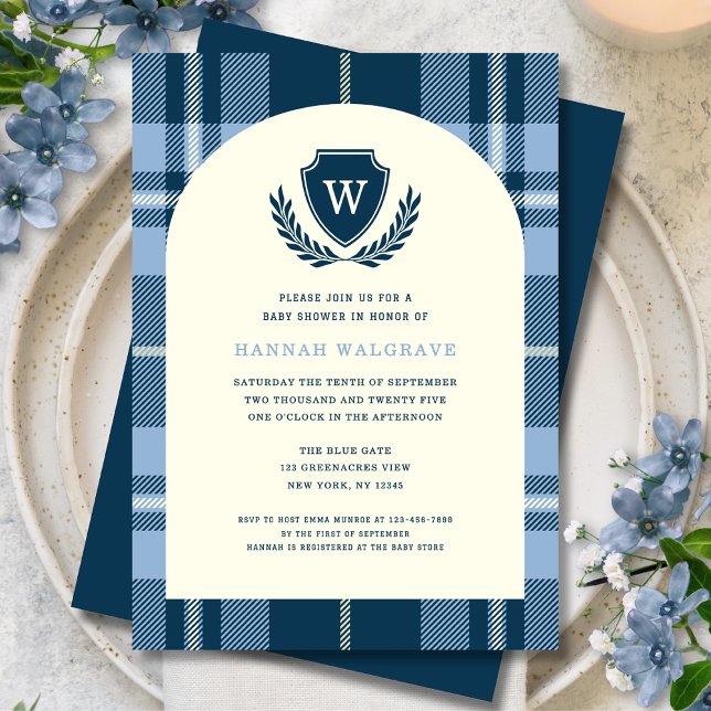 Invitación Baby Shower de un niño monograma azul marino (Subido por el creador)