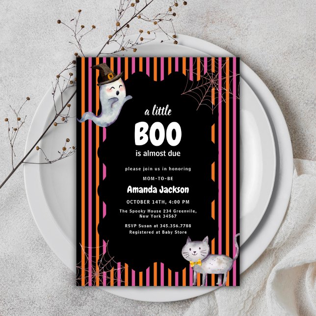 Invitación Baby Shower De Un Pequeño Gato Fantasma (Colorful A Little Boo Ghost Cat Baby Shower Invitation)