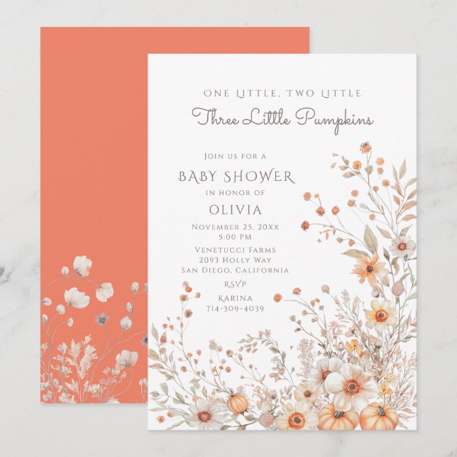 Invitación Baby Shower De Una, Dos, Tres Calabazas Pequeñas (Anverso / Reverso)