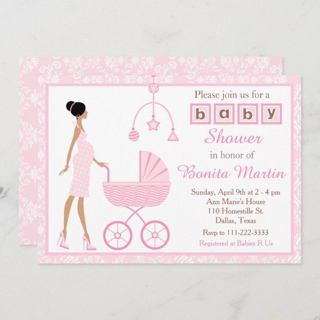 Invitación Baby Shower de una mujer afroamericana damáscara r (Anverso / Reverso)