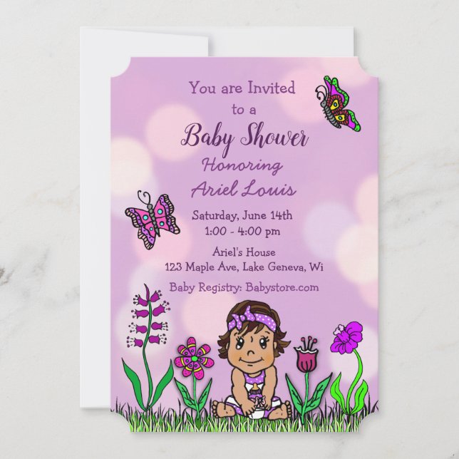 Invitación Baby Shower de una niña morada dibujada a mano (Anverso)