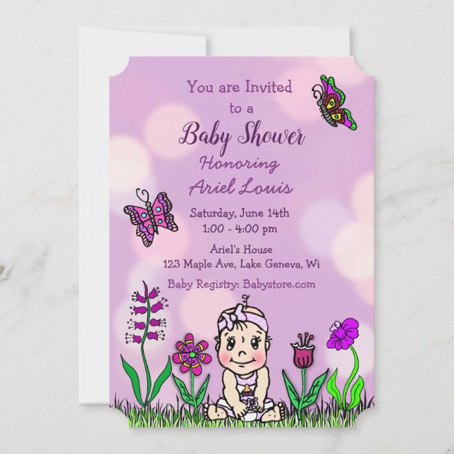 Invitación Baby Shower de una niña morada dibujada a mano (Anverso)