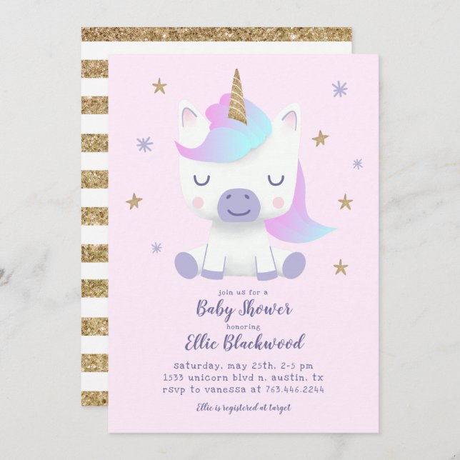 Invitación Baby Shower de Unicorn (Anverso / Reverso)