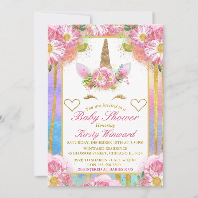 Invitación Baby Shower de Unicorn Face Pink Gold (Anverso)