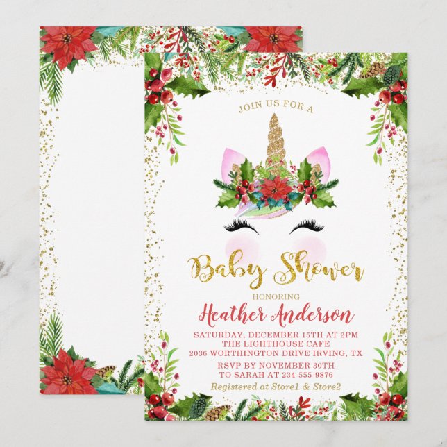 Invitación Baby Shower de Unicorn Navidades Gold Magic (Anverso / Reverso)