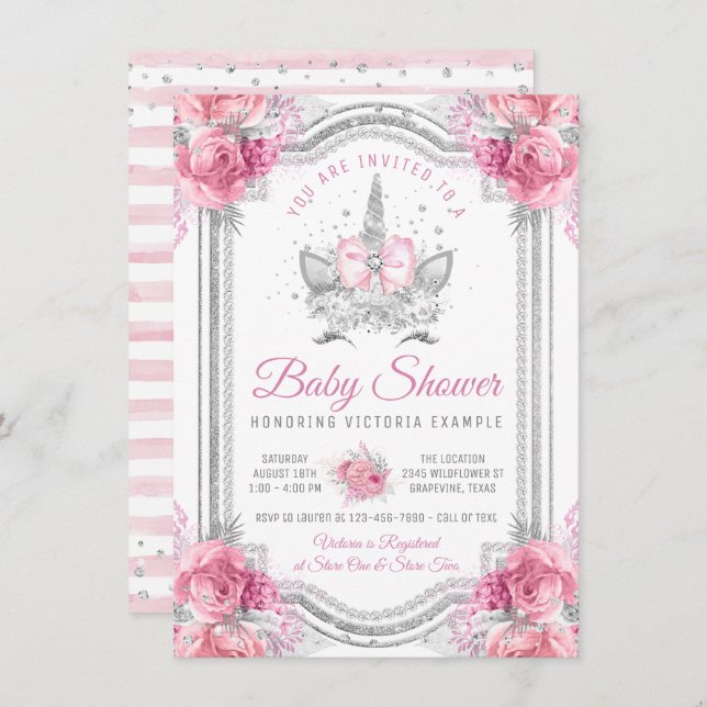 Invitación Baby Shower de Unicorn Silver Diamante Rosa (Anverso / Reverso)