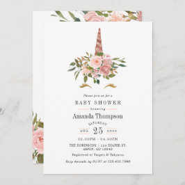 Invitación Baby Shower de unicornio con flores de oro rosa y 