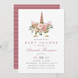 Invitación Baby Shower de unicornio con flores de oro rosa y 