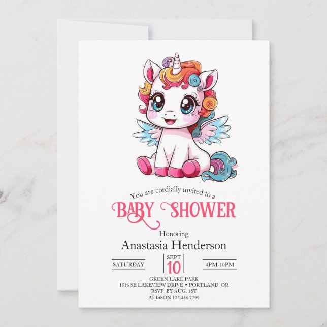 Invitación Baby Shower de unicornio con sabor a juego (Anverso)