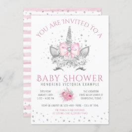 Invitación Baby Shower de Unicornio de diamantes rosa y plate