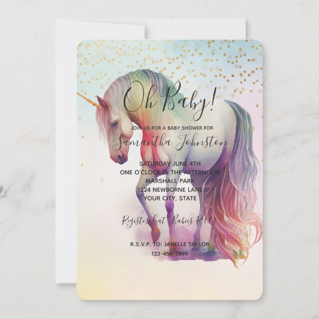 Invitación Baby Shower de unicornio de oro (Anverso)