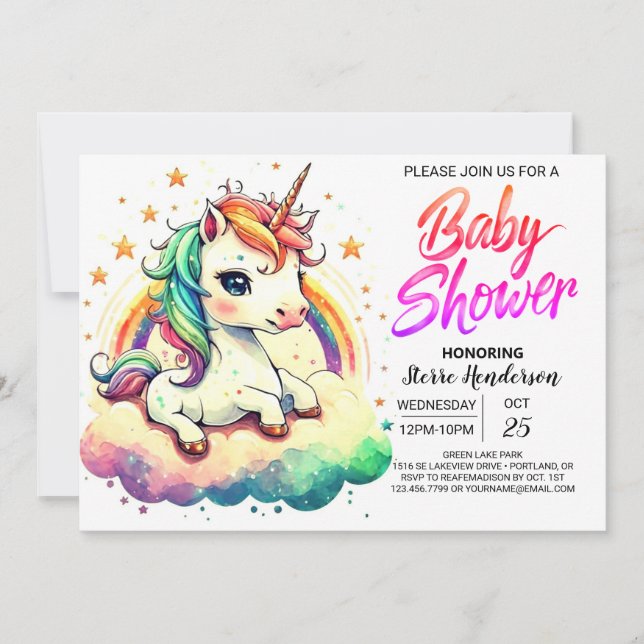 Invitación Baby Shower de unicornio editable Rainbow Cute (Anverso)