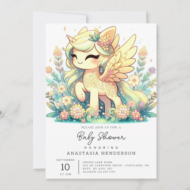 Invitación Baby Shower de unicornio elegante (Anverso)