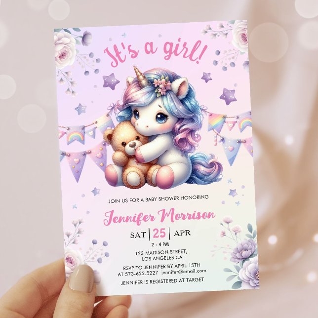 Invitación Baby Shower de unicornio es una acuarela floral Ch (Subido por el creador)