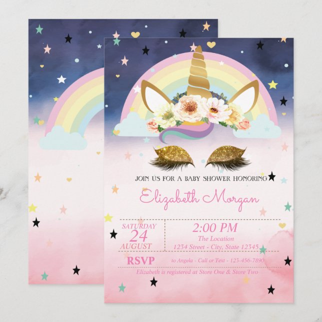 Invitación Baby Shower de unicornio floral Rainbow Ombre (Anverso / Reverso)