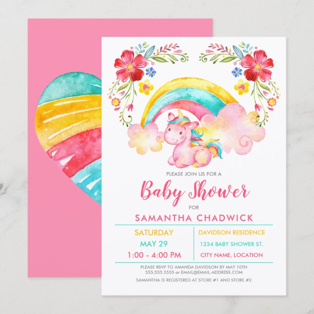 Invitación Baby Shower de unicornio mágico de chicas (Anverso / Reverso)