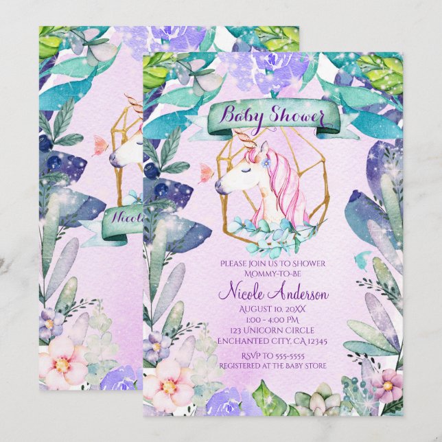 Invitación Baby Shower de Unicornio mágico forestal encantado (Anverso / Reverso)