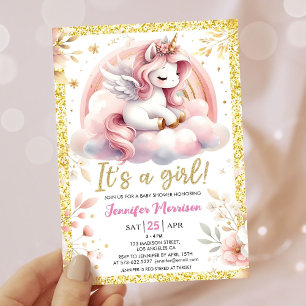 Invitación Baby Shower de unicornio rosa y dorado