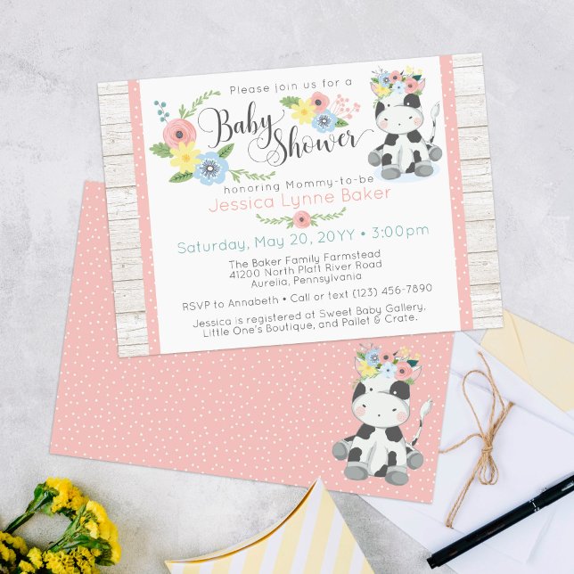Invitación Baby Shower de vaca | Calf floral cuta en madera r (Subido por el creador)