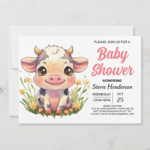 Invitación Baby Shower de vaca de Barnyard de color rosa