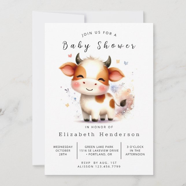Invitación Baby Shower de vaca de estilo animal editable (Anverso)