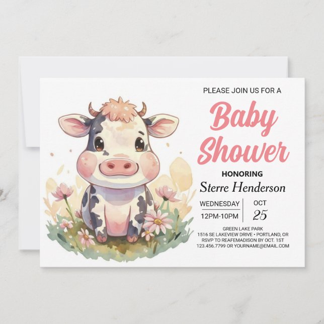 Invitación Baby Shower de vaca editable digital de patio de l (Anverso)