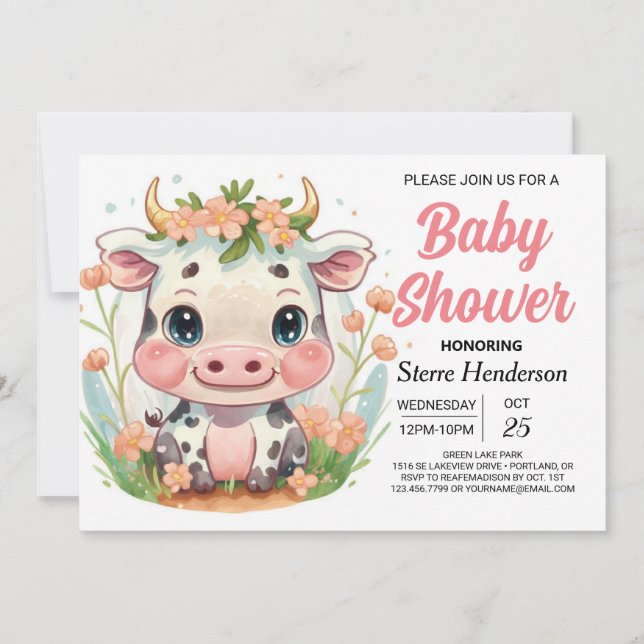 Invitación Baby Shower de vaca elegante rosa moderno (Anverso)