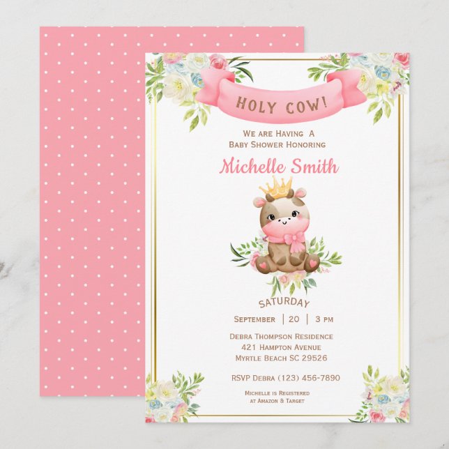 Invitación Baby Shower de vaca floral rosada (Anverso / Reverso)