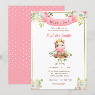 Invitación Baby Shower de vaca floral rosada