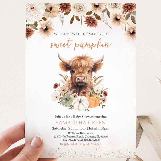 Invitación Baby Shower de Vaca Highland con Flores de Otoño (Subido por el creador)