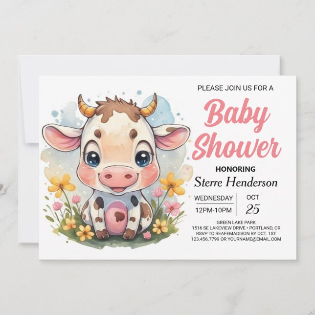 Invitación Baby Shower de vaca imprimible por país mágico (Anverso)