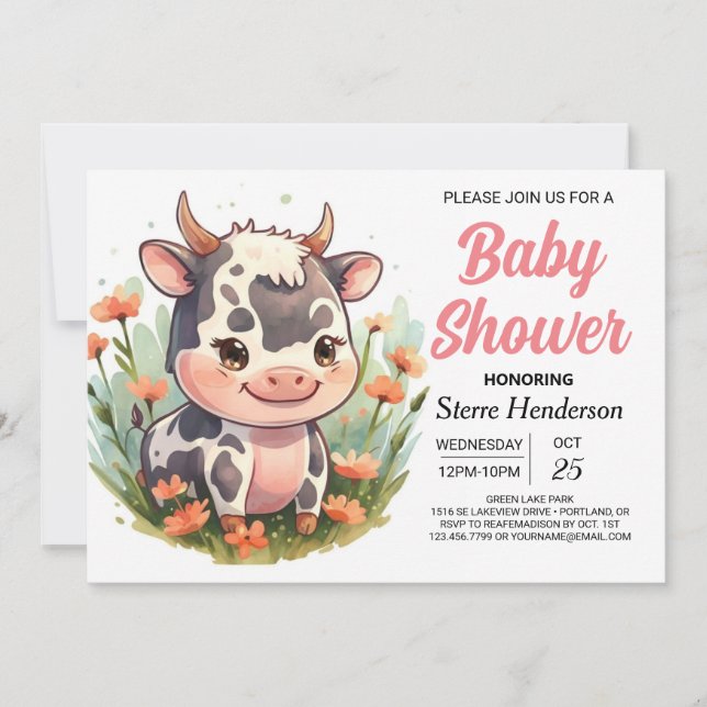 Invitación Baby Shower de vaca rosa elegante (Anverso)