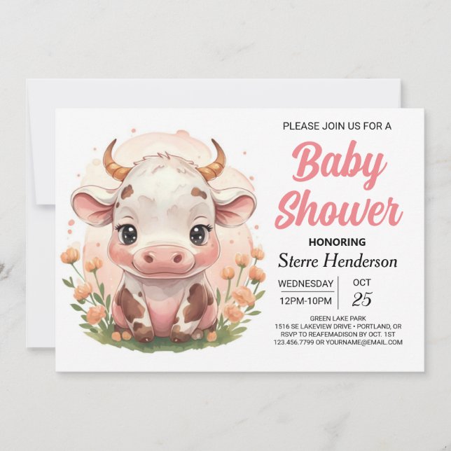 Invitación Baby Shower de vaca rosa imprimible en granja (Anverso)