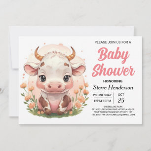 Invitación Baby Shower de vaca rosa imprimible en granja