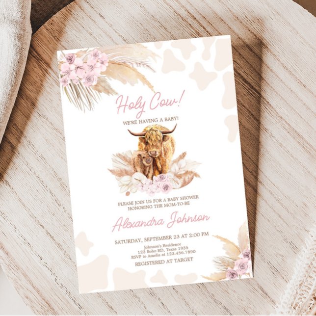 Invitación Baby Shower de vaca Rosada Highland (Girl Holy Cow Baby Shower Invitation)