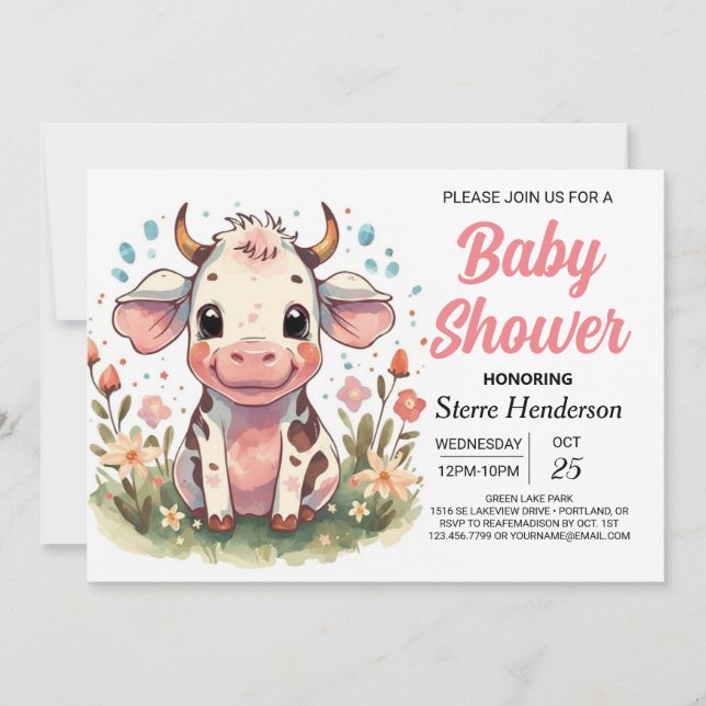 Invitación Baby Shower de vaca Whimsical Pastel Impreso (Anverso)