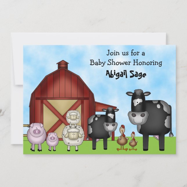 Invitación Baby Shower de vacas y animales de granja de corra (Anverso)
