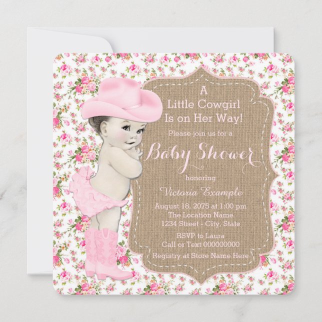Invitación Baby Shower de Vaquera de Arpillera (Anverso)
