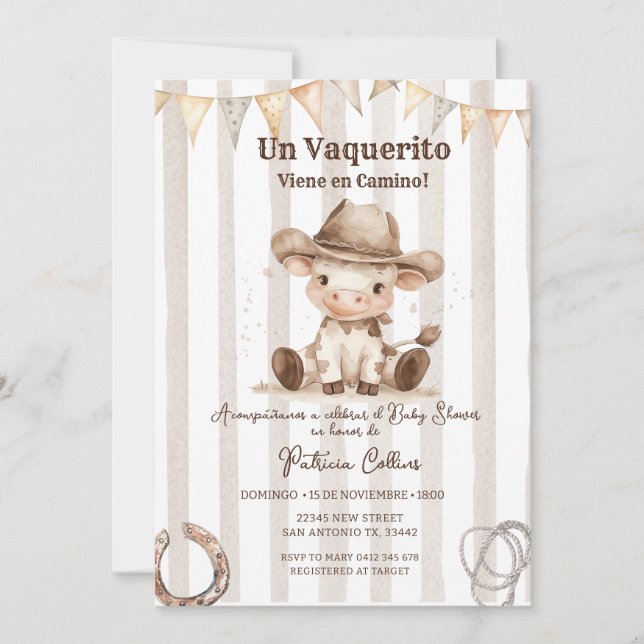 Invitación Baby Shower de vaquerito vaquero hispano occidenta (Anverso)
