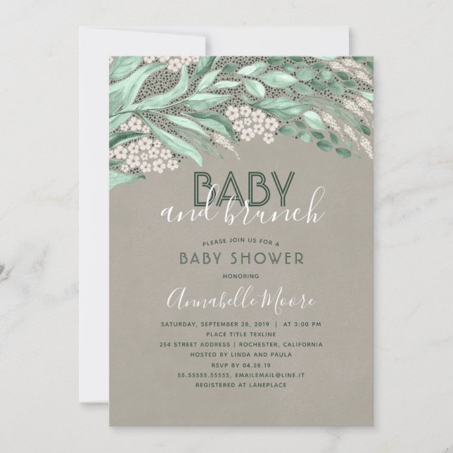 Invitación Baby Shower de vegetación botánica | Bebé y Brunch (Anverso)