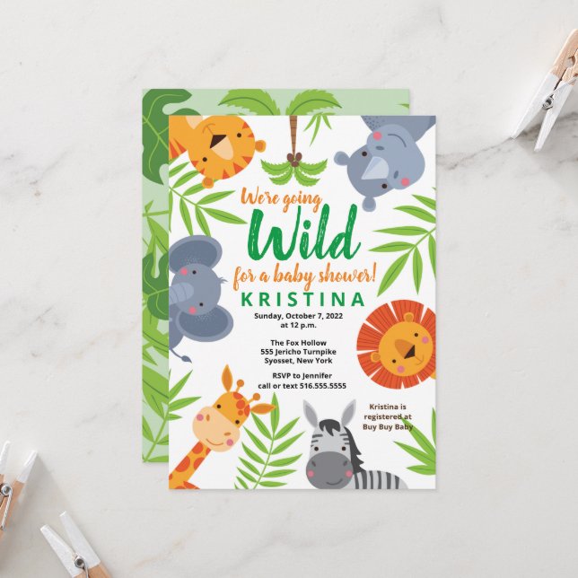 Invitación Baby Shower de vegetación de animales salvajes de  (Anverso/Reverso In Situ)