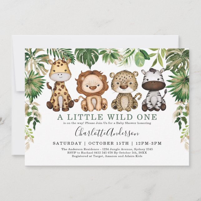 Invitación Baby Shower de vegetación de animales salvajes de  (Anverso)