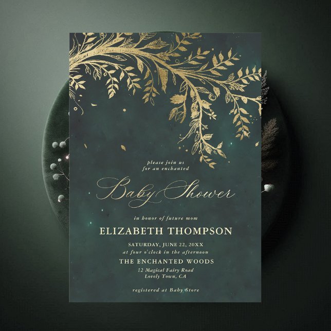 Invitación Baby Shower de vegetación encantada en cascada for (Enchanted Forest Emerald Green Greenery Modern Calligraphy Neutral Baby Shower Invitation)